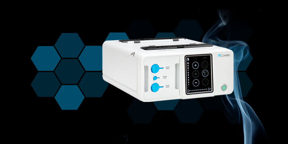 new PX5 smoke evacuator with with decorative blue hexagons and a plume of smoke