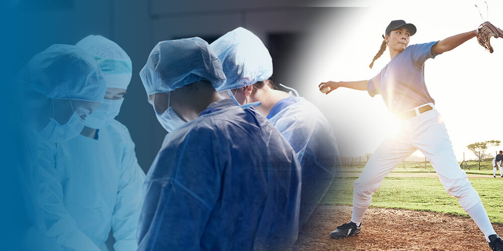 Surgeon in operating room and woman pitching a baseball