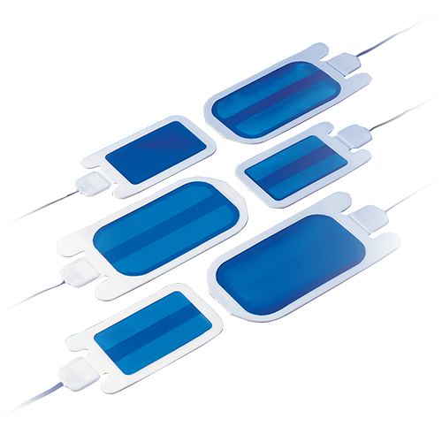 six blue thermogard dispersive elecrodes laying next to each other