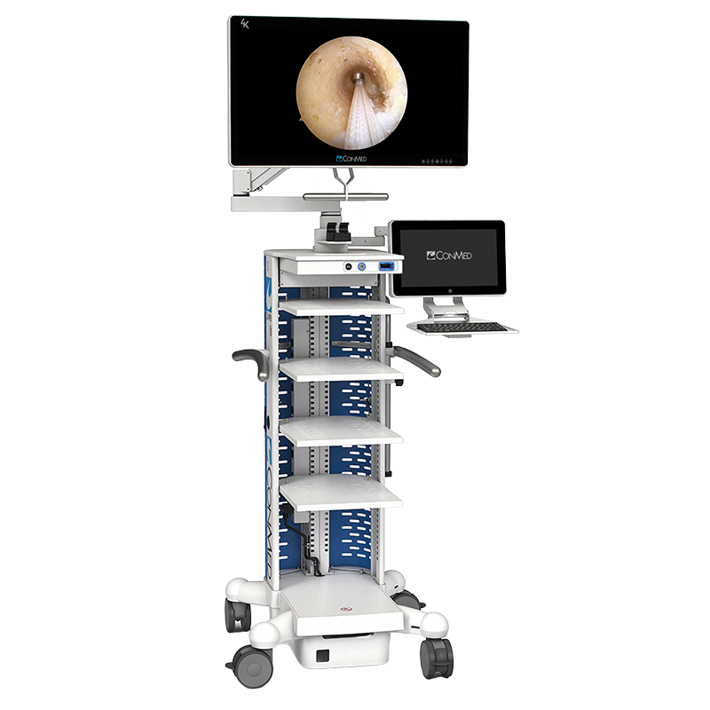 looking glass visualization system with empty shelves and two monitors showing surgical camera video on one and conmed logo on the other