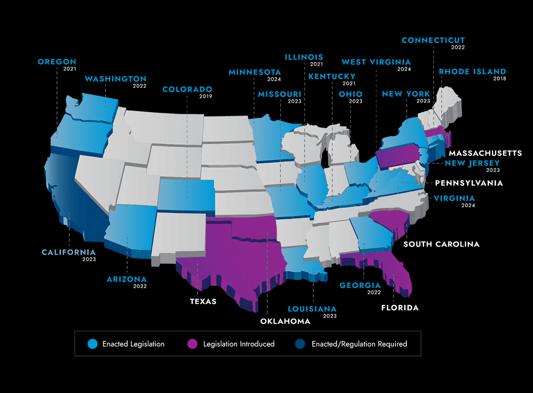 3D map showing states that have enacted legislation or have introduced legislation to eliminate surgical smoke